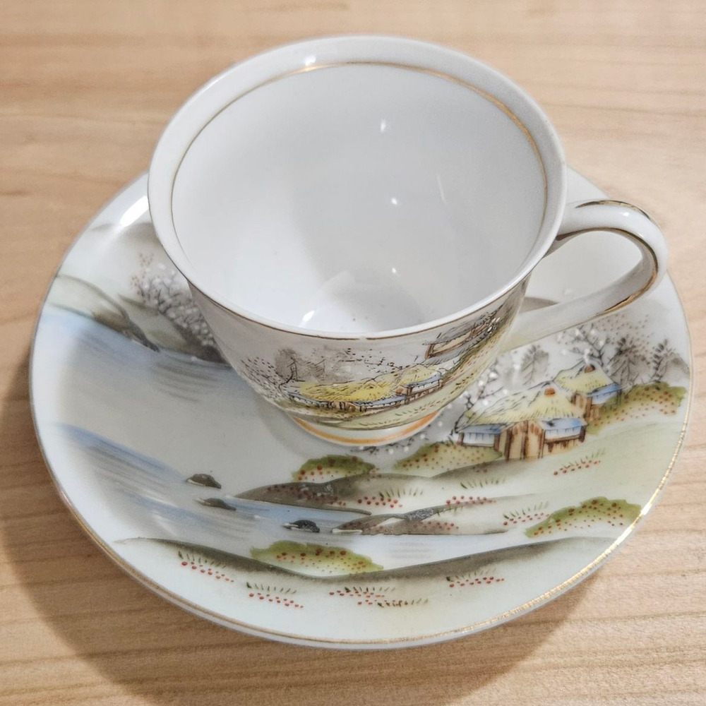 Vintage Fleetwood China Japan Hand Painted Cup Saucer Landscape Scene
